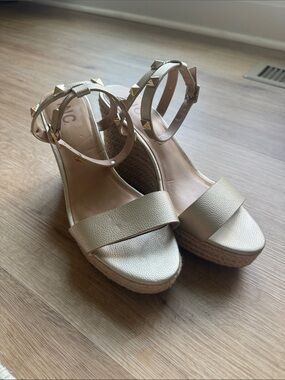 INC International Concepts Metallic Gold Studded Ankle-Strap Wedge Sandals